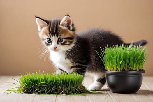 Capture the joy of a small kitten enjoying a snack of fresh grass from a pot, radiating happiness and contentment within a frame of copy space