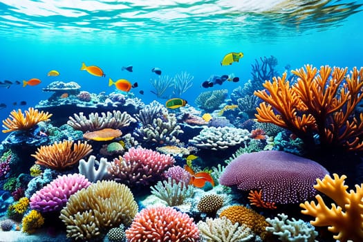 Underwater coral reef landscape with colorful fish
