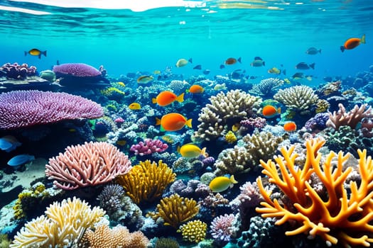 Underwater coral reef landscape with colorful fish