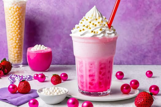 Tasty pink bubble tea accented with whipped cream and tapioca pearls against a merry backdrop