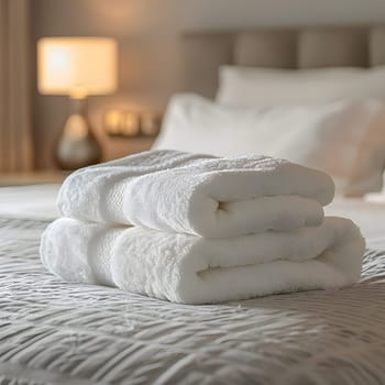 Two soft white towels are neatly stacked on top of each other on a cozy bed with a grey bedding set, adding a touch of comfort to the hardwood flooring in the room