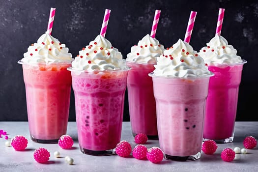 A delightful pink bubble tea with a festive touch of whipped cream and tapioca pearls
