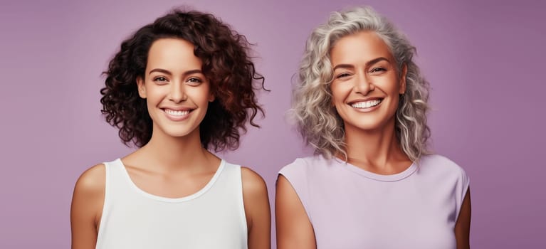 Portrait of happy smiling mature mother and adult daughter, two women together looking at camera on color studio background