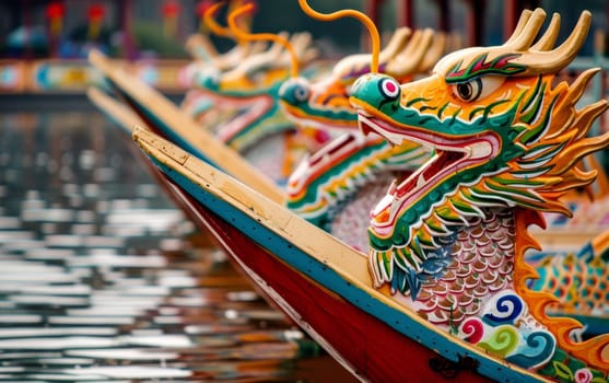 Vibrant dragon boat heads lined up for a race, reflecting the rich cultural tradition of the Dragon Boat Festival.