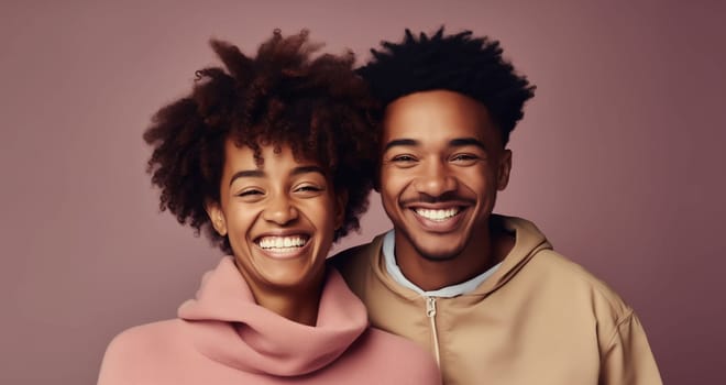 Portrait of happy smiling black mature mother and adult son, african woman and man together looking at camera on studio background