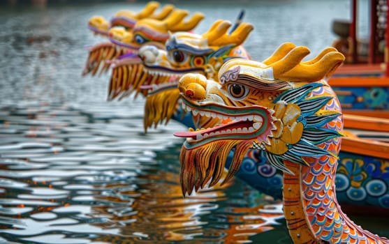 Vibrant dragon boat heads lined up for a race, reflecting the rich cultural tradition of the Dragon Boat Festival.