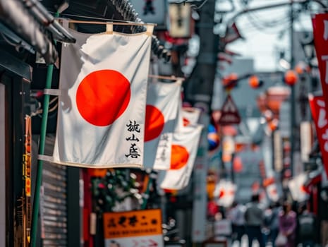 Japanese flags drape over an alley, infusing a traditional touch into the urban fabric, a blend of old and new