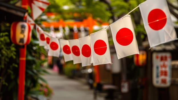 Japanese flag banners displayed with pride alongside traditional red circle lanterns in a serene alley, celebrating Japans rich cultural heritage