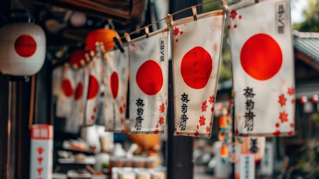 Japanese flag banners displayed with pride alongside traditional red circle lanterns in a serene alley, celebrating Japans rich cultural heritage
