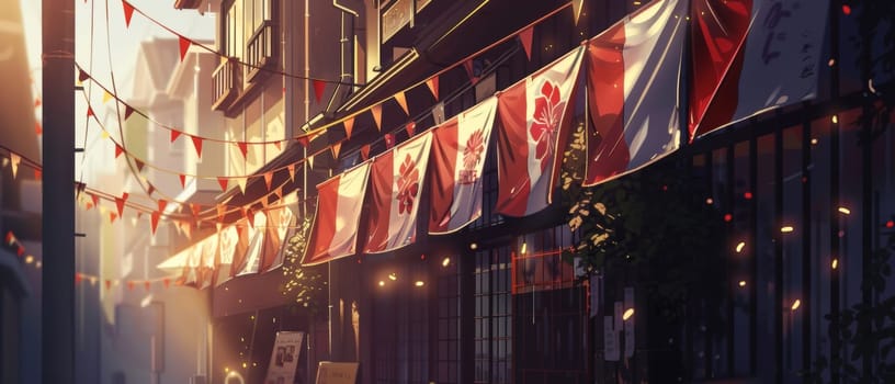 A picturesque Japanese street scene at dusk, festooned with triangular flags and paper lanterns, casting a warm glow on the traditional surroundings