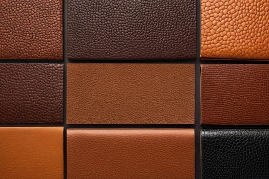 Array of different shades and patterns of brown textured leather, captured in detail