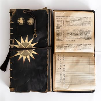 Open vintage Japanese journal with a distinctive sun emblem and text, showcasing historical writing style