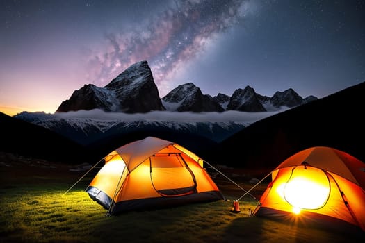 Camping tent high in the mountains at sunset.