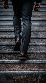 View of a business professional taking steps upward in smart black Oxford shoes, embodying ambition on a stone staircase.