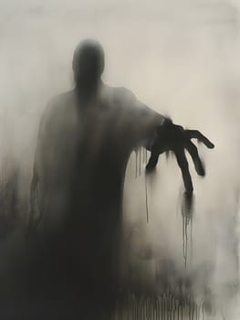 A monochrome photography capturing a silhouette of a person with a hand behind foggy glass, creating a dramatic gesture in the darkness of the landscape