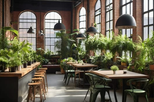 Sunlit industrial loft cafe with lush green plants. Biophilic room design