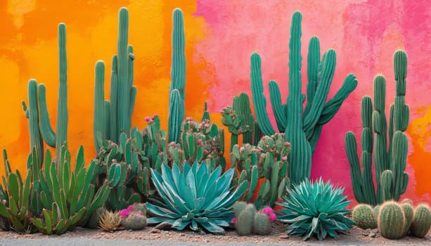 Vivid cacti pop against a backdrop of colorful wall