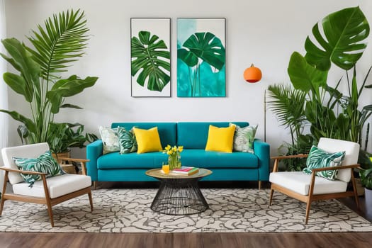 Bright modern living room interior with trendy furniture and tropical plants