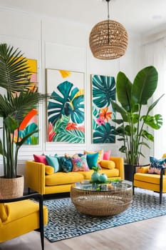 Modern living room filled with colors, stylish furniture, and tropical plants