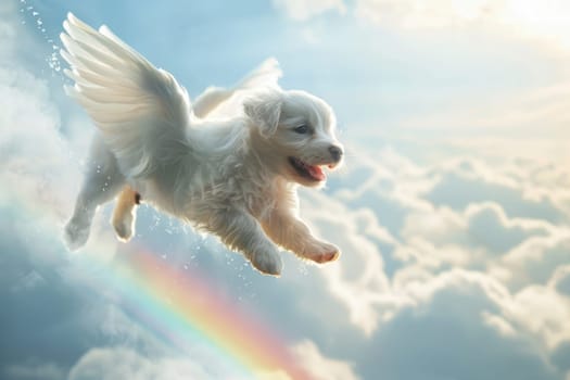 A small dog is flying through the sky with a rainbow in the background. Scene is joyful and playful, as the dog is having a great time soaring through the clouds