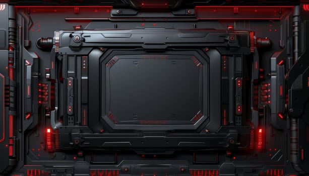 A black and red image of a futuristic computer monitor. The image is abstract and futuristic, with a sense of technology and innovation