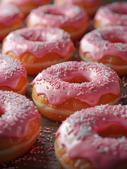 A delightful dessert made of fried dough, topped with pink frosting and sprinkles. Donuts are a popular finger food loved by many