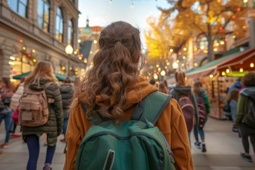 Student with school bag standing in front of school. back to school concept.