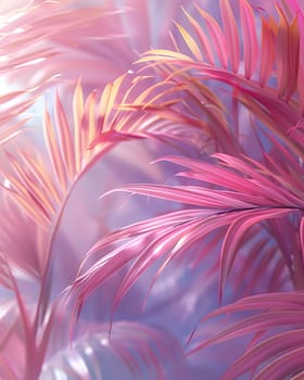 A closeup of pink petalshaped palm leaves on a vibrant magenta background, resembling an electric blue liquid. The natural material creates a beautiful pattern, similar to marine biology