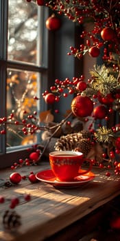 A drinkware item, a coffee cup, is placed on a tableware, the window sill, next to a festive Christmas tree adorned with ornaments and surrounded by plants