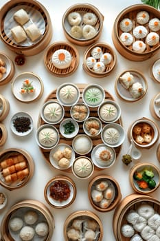 A beautiful photograph capturing the variety of dim sum on the table. The white plates and natural materials create a circle of art showcasing different patterns in the food