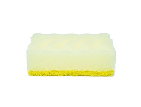A bright yellow sponge placed on a clean, white background