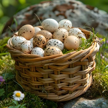 A natural foods ingredient, a wicker basket filled with quail eggs sits in the grass, resembling a bird nest made of twigs and wood