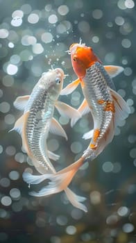 Two vertebrate organisms, goldfish, are swimming together in liquid underwater in a pond. They use their fins and tails to navigate the water, showcasing marine biology in action