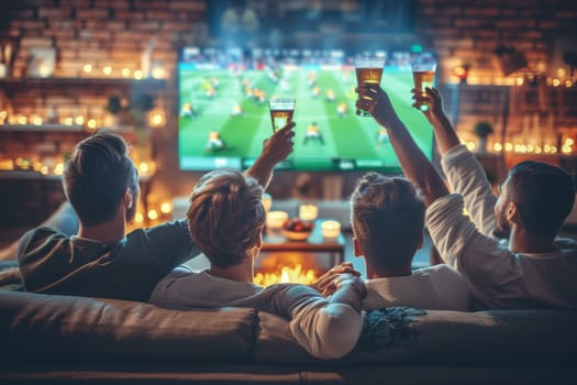 Sports fans cheering during a match at home.