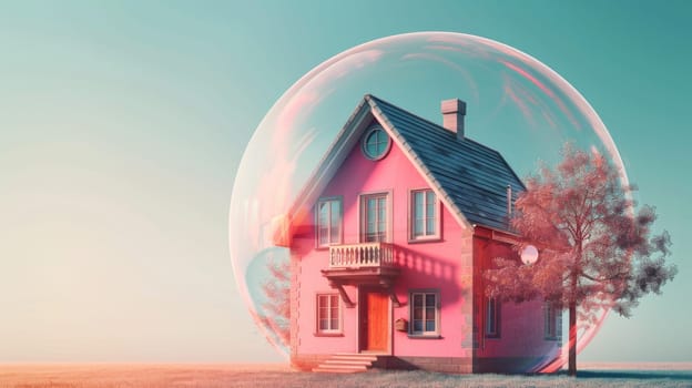 A hand is holding a glass ball with a house inside. The house is small and he is made of glass. Concept of fragility and delicacy, as the house inside the ball is easily breakable