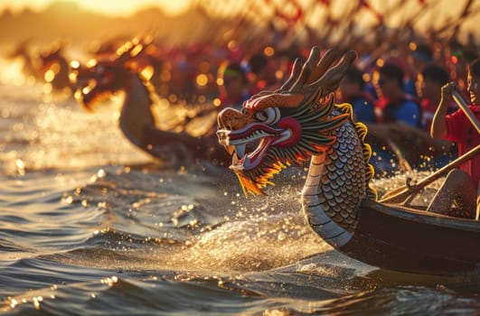 The golden hour illuminates a dragon boat race, with rowers in sync and water sparkling, capturing the spirit of this vibrant cultural event. Asian festival.