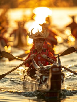 The golden hour illuminates a dragon boat race, with rowers in sync and water sparkling, capturing the spirit of this vibrant cultural event. Asian festival.