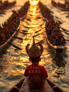 A silhouette of a dragon boat team racing at dusk with water glistening in the fiery sunlight, evoking the fervor of the sport. Asian festival.