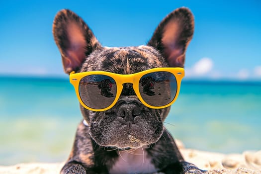 A french bulldog puppy with sunglasses sleeping at the beach, a dog relaxing on a sunny day at summer in holiday