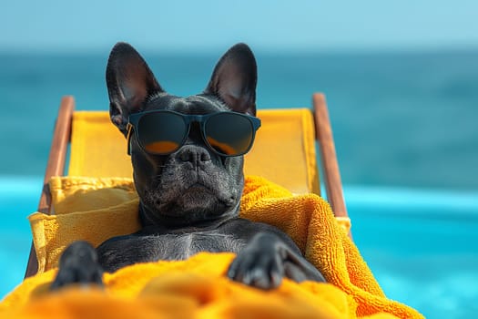 A french bulldog puppy with sunglasses on a beachchair on the beach, a dog relaxing in a resort