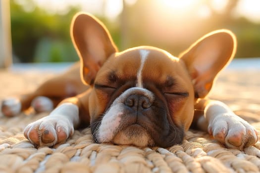 A french bulldog puppy sleeping outside, a dog relaxing on a sunny day at summer in holiday