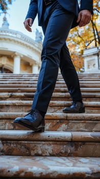 The focused gait of a professional climbing a wide staircase in black dress shoes, symbolizing career progression
