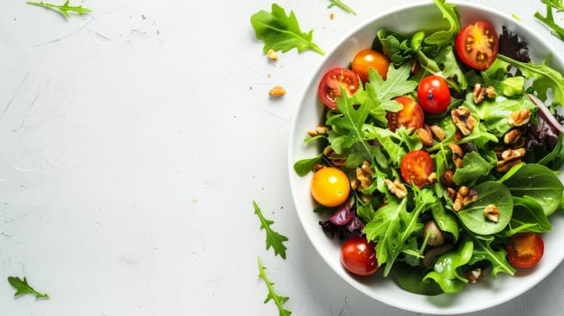 A white bowl filled with fresh salad leaves, multi-colored tomatoes, and nuts, against a white backdrop with scattered ingredients. Banner with copy space.