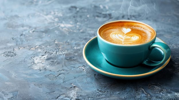 A stylish blue coffee cup with a heart-shaped latte art on a textured blue background, highlighting modern elegance. Banner with copy space.