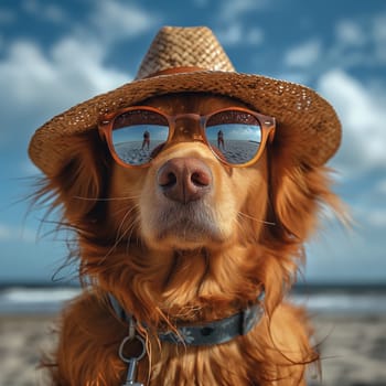An happy and cool golden retriever dog with sunglasses an hat on the beach with sea in background on a sunny day. perfect holiday or summer vacation