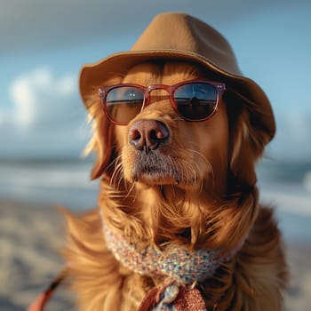 An happy and funny golden retriever dog with sunglasses an hat on the beach with sea in background on a sunny day. perfect holiday or summer vacation