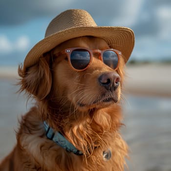 An happy and funny golden retriever dog with sunglasses an hat on the beach with sea in background on a sunny day. perfect holiday or summer vacation
