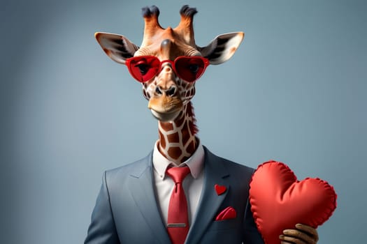 Cute giraffe in love with big valentine .