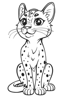 A cartoon leopard cub with whiskers and big eyes sitting down, showcasing its cute Felidae features like its nose, head, jaw, and sleeve gesture