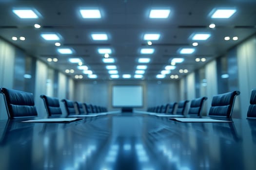 A large conference room with a long table and many chairs. The room is filled with sunlight, creating a warm and inviting atmosphere